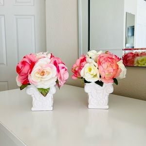 2 White Ceramic Vase With Artificial Flowers flowers arrangements.